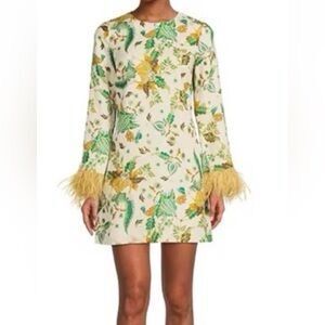 Antonio Melani White Floral Linen Dress, Feather Cuff Detail, Size 4